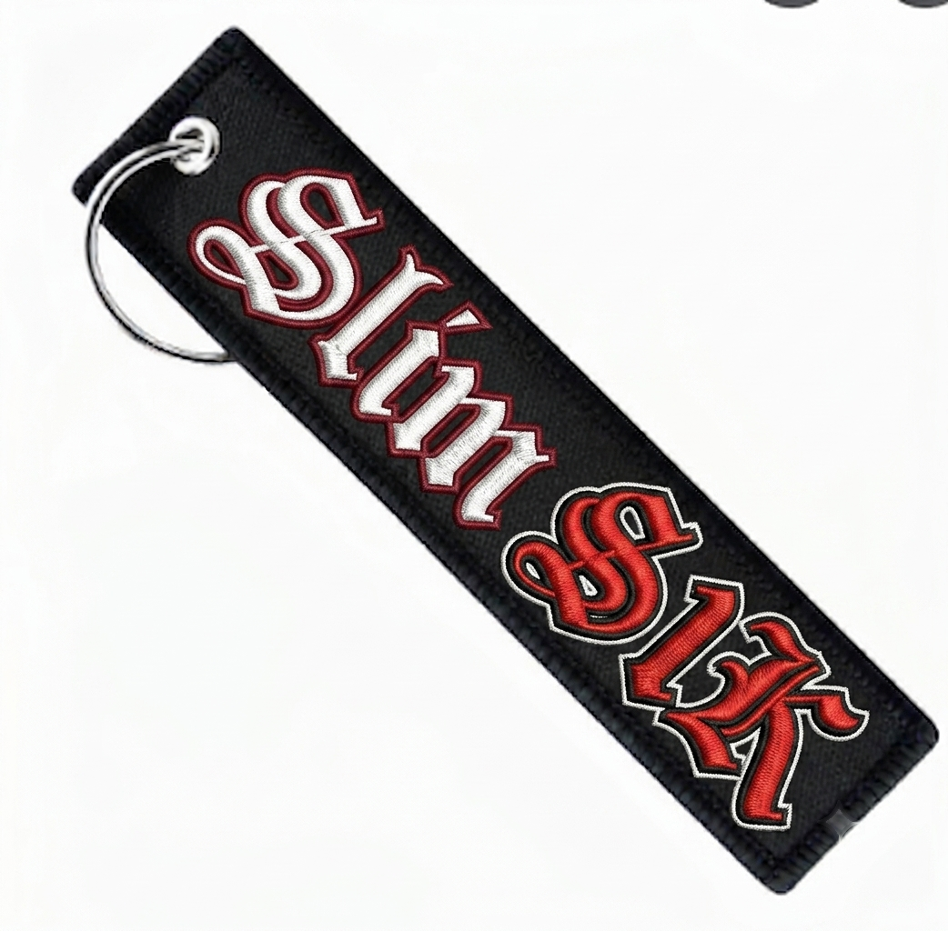 Black embroidered keytag — Slim S1K in blackletter